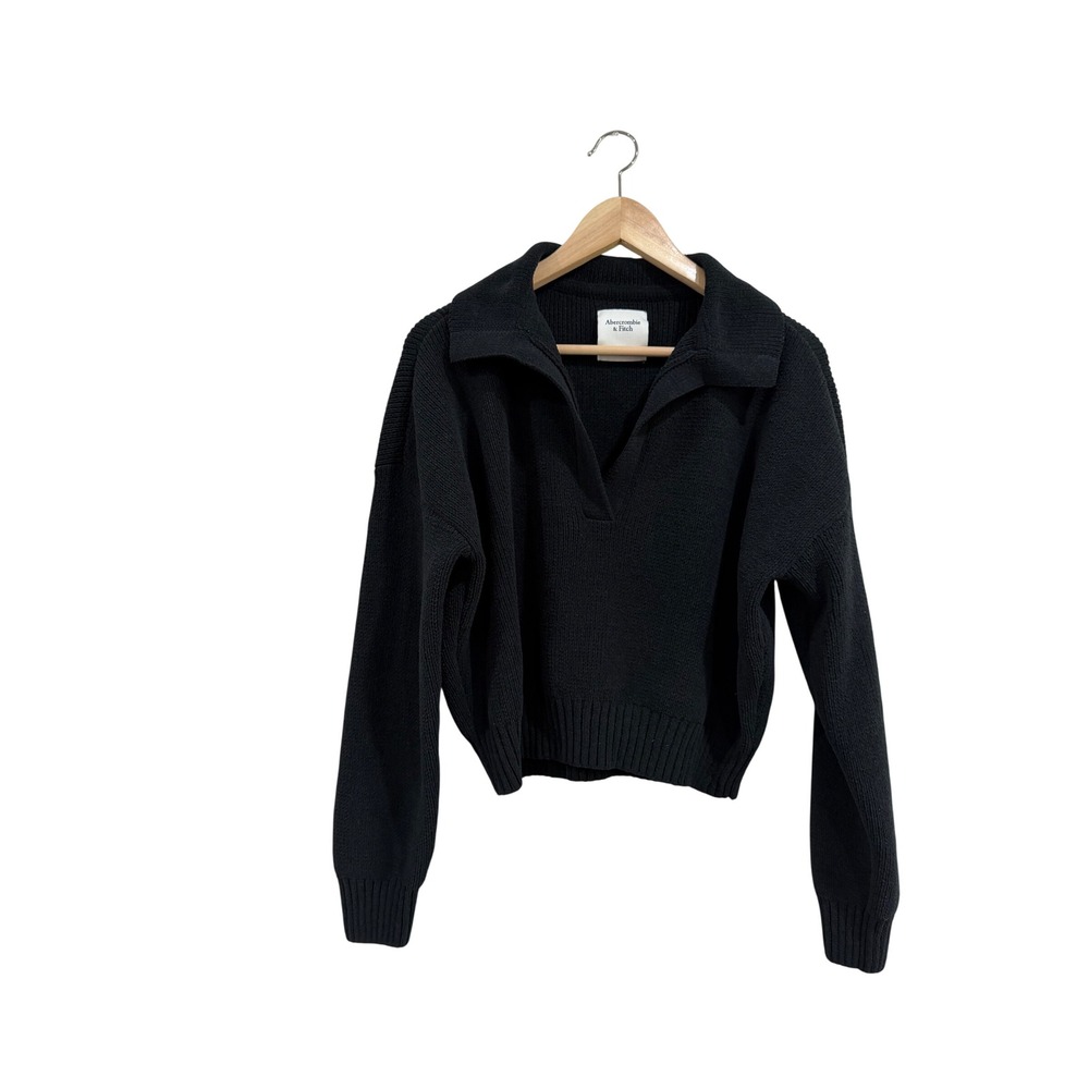 Abercrombie & Fitch Black Polo Collar Chenille V-Neck Knit Sweater Cropped XS